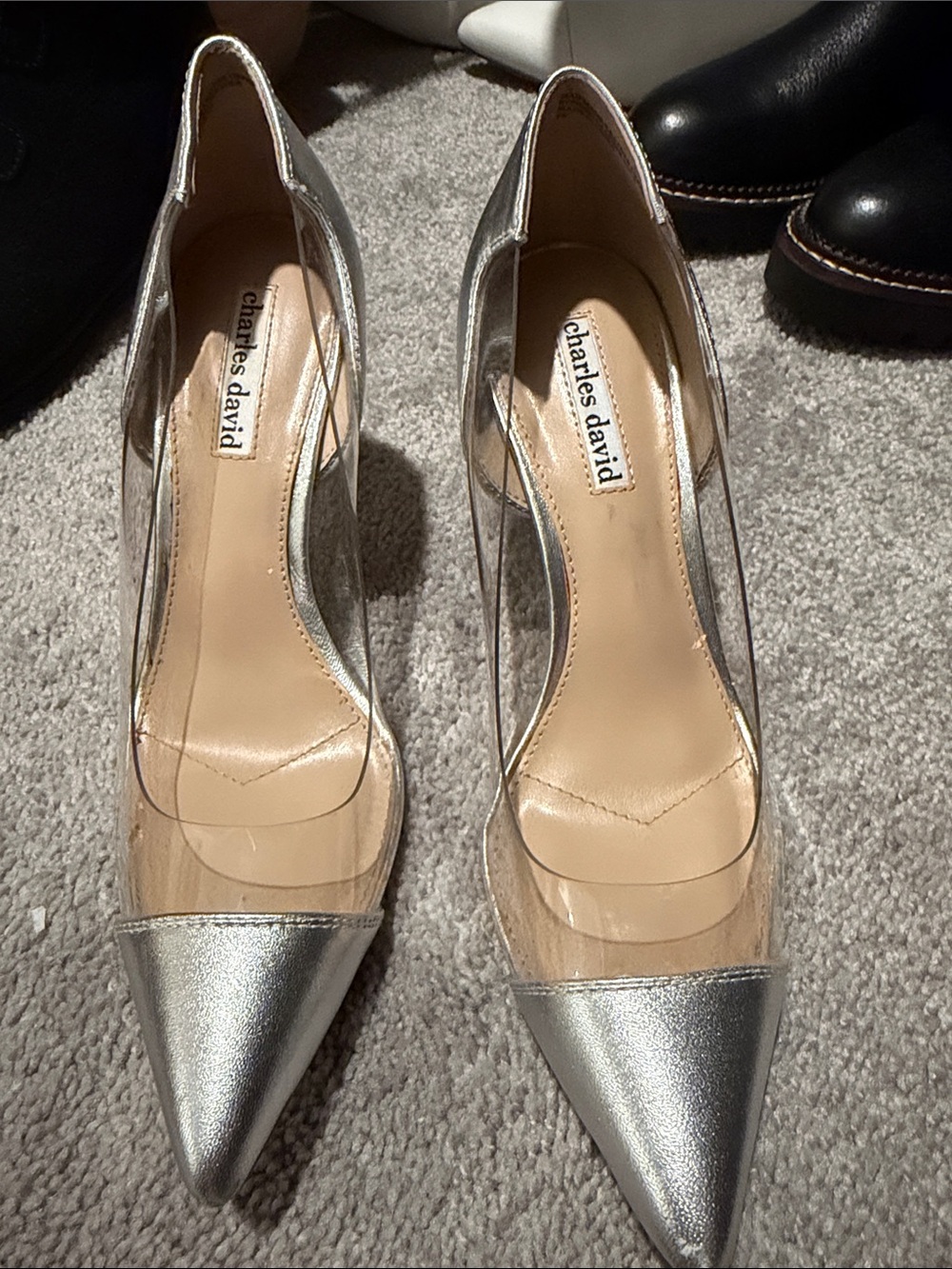 Charles David Silver Pointed-Toe Pumps with Clear Panels